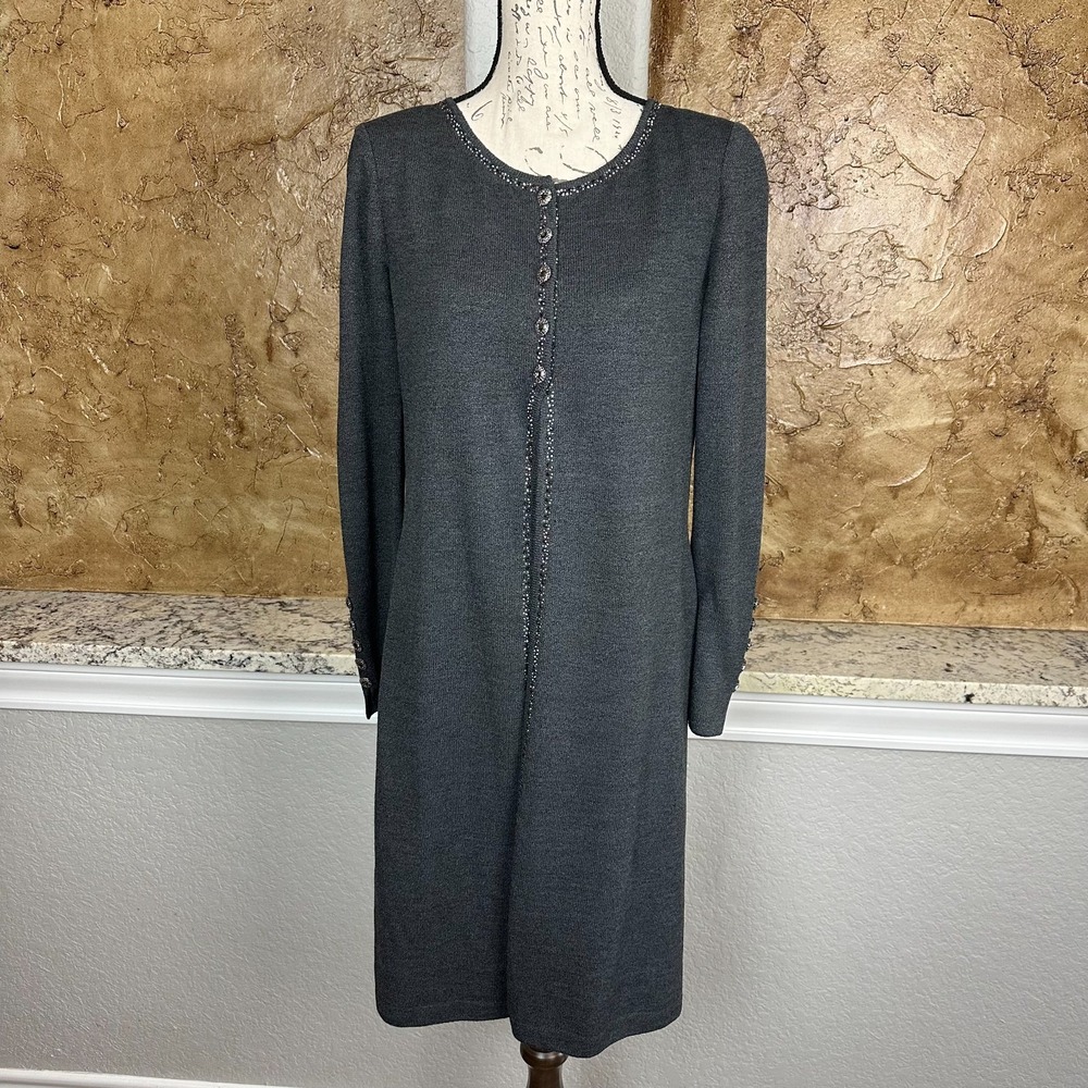 St John Evening Cardigan Sweater Dress Santana‎ Knit Wool Blend Jeweled Detail 4